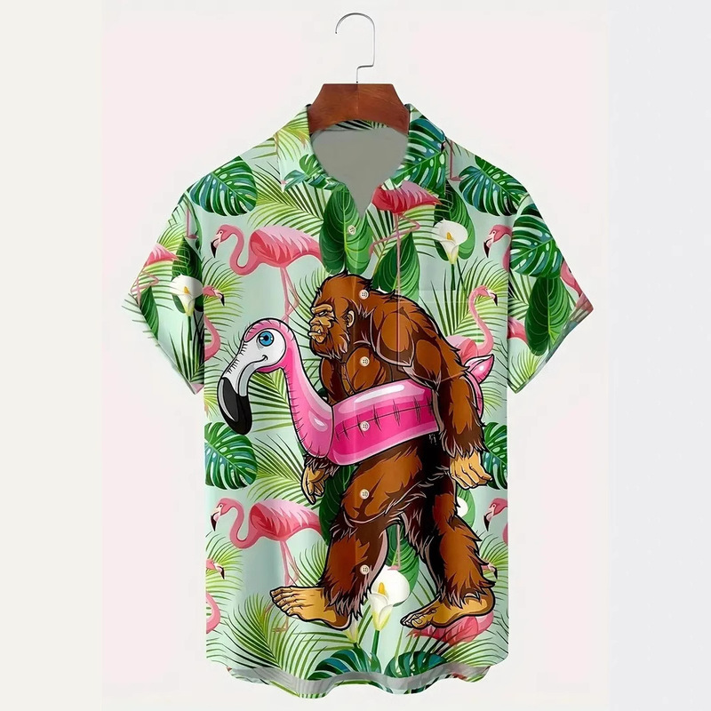 Fun Hot Sale Holiday Gorilla 3D Digital Print Men's Holiday Beach Casual Top Short Sleeve Button-down Shirt