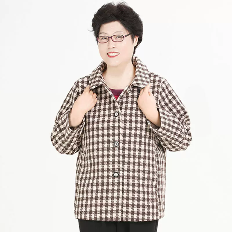 秋冬新款上衣中老年人呢格子外套女老年妈妈装40到70岁特大码衣服