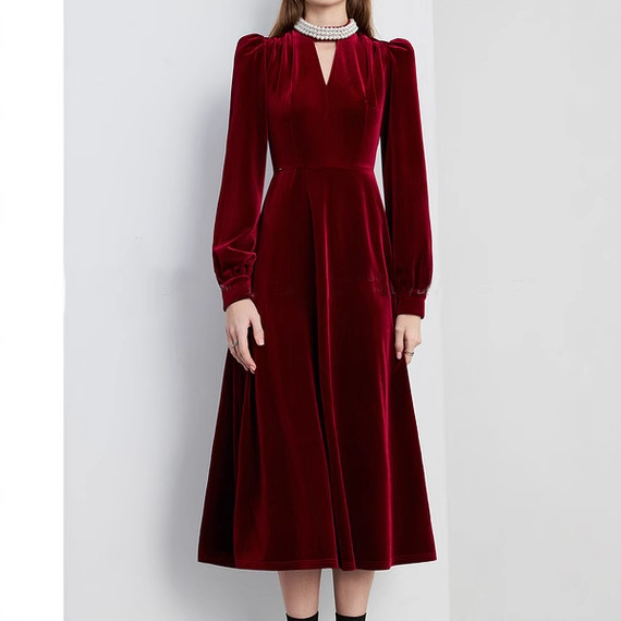 Demi-season velvet red evening dress