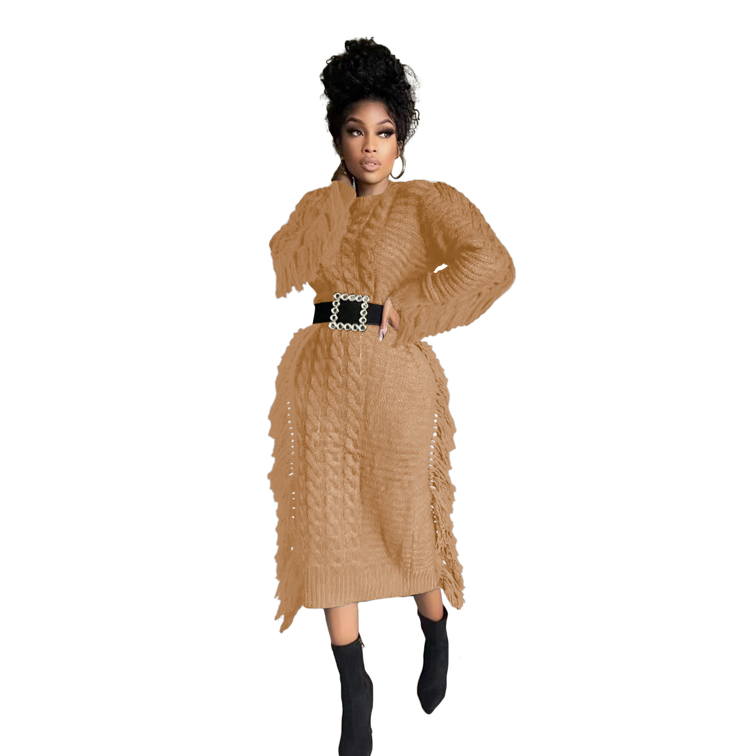 Robe pull femme avec franges longues en maille pour l'hiver_voghion.com