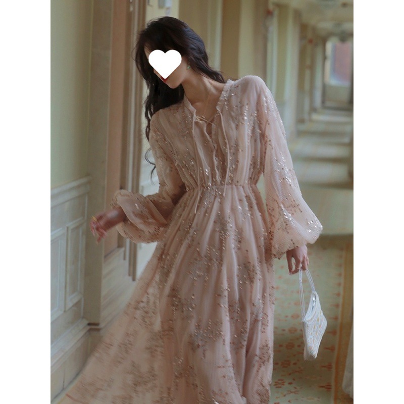 AZure 灯笼袖压皱亮片连衣裙 粉色bling长裙气质公主裙复古雪纺裙