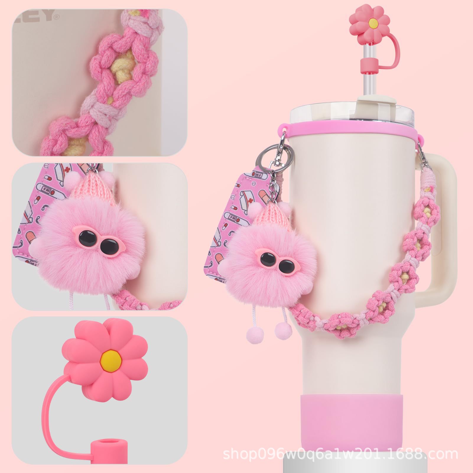 Juego de 6 piezas stanley taza colgante margarita correa de mano cuerda de labios juego de briquetas bola de pelo de elfo juego de taza de brillo
