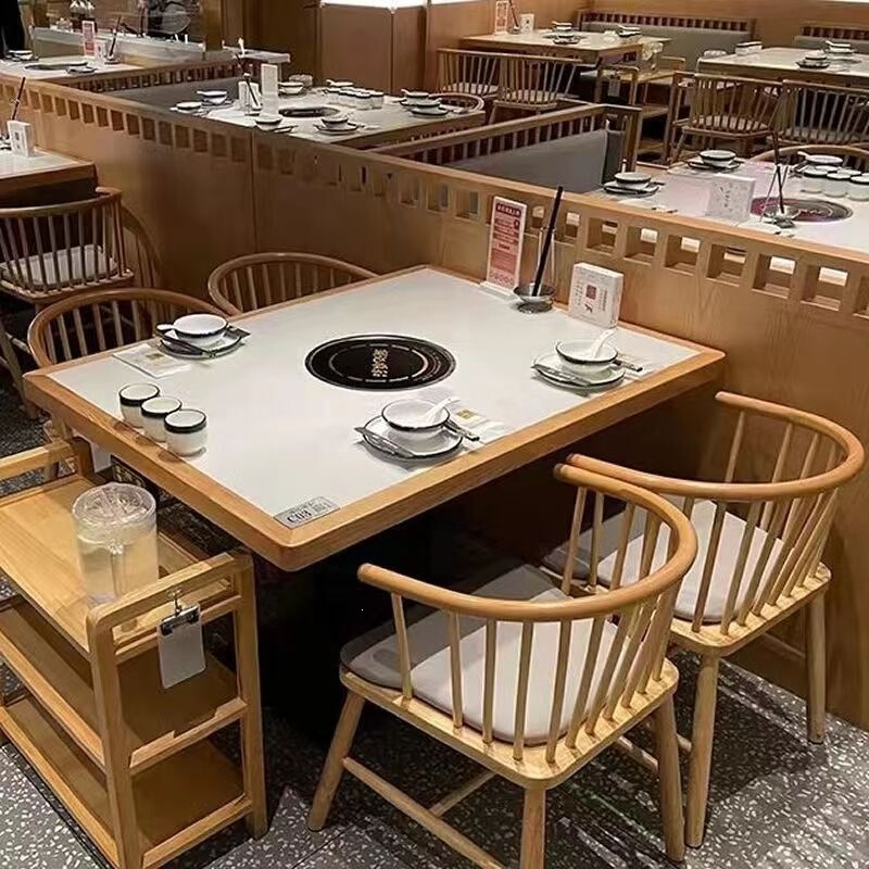 Solid Wood Slate Hot Pot Table with Integrated Induction Cooker, Commercial Marble Hot Pot Restaurant Tables and Chairs, Booth Seating, Sofa Dining Table and Chairs