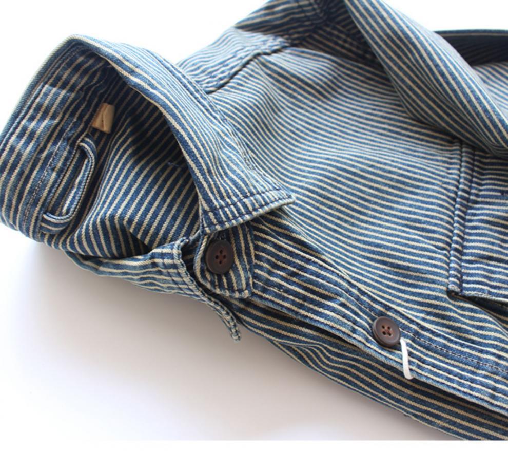 Vintage-Jeanshemd für Herren – Schweres, gestreiftes Langarm-Freizeithemd mit zwei Taschen, lockerer Passform, Polyester-Mischgewebe_voghion.com