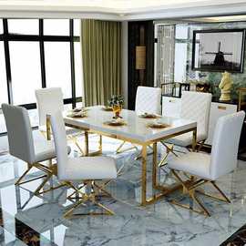 奢餐桌大理石 后现代小户型客厅长方形不锈钢镀金桌椅子组合6人