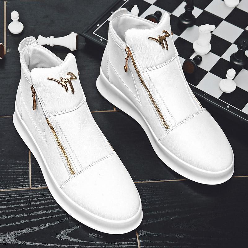 Trendy Men's Shoes Summer 2025 New Leather Breathable High-Top Shoes Thick-Soled White Casual Shoes Men's High-Top Sneakers