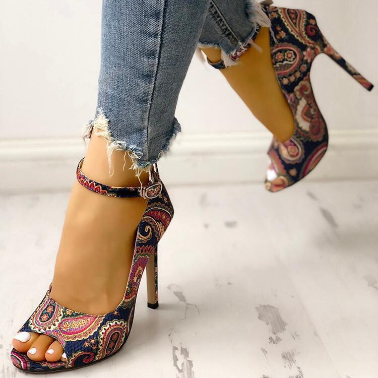 Thin High-Heeled Open-Toe Fish-Mouth Women's Sandals 40-46 Foreign Trade Floral Ethnic Style High Heels Ultra-High Thin Heels