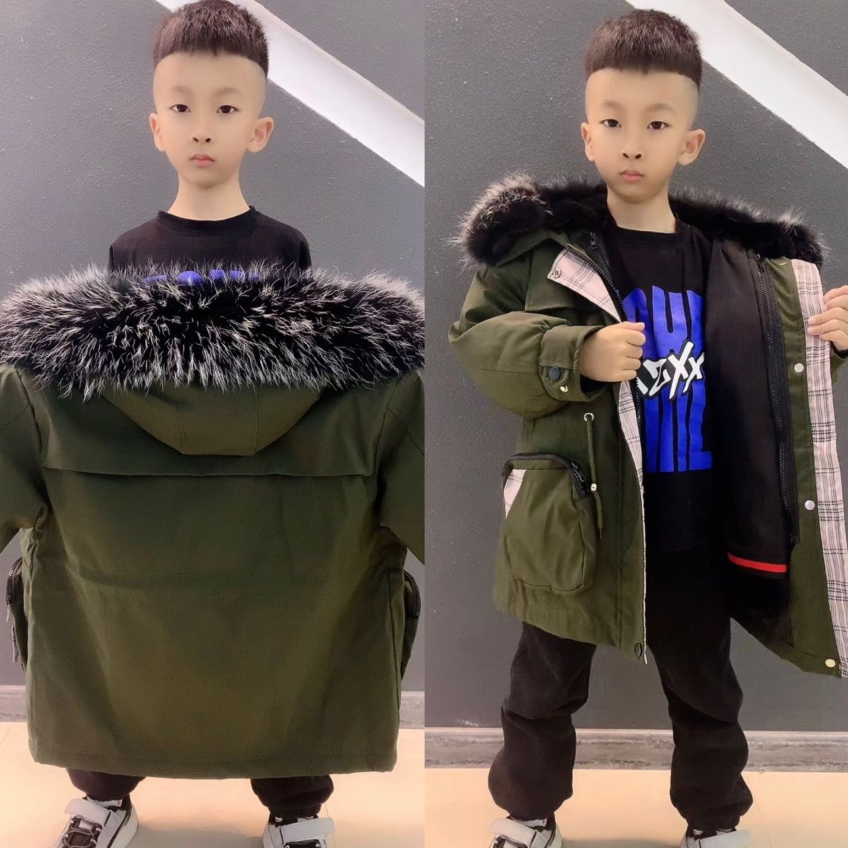 新款儿童派克服女孩真兔毛可拆内胆皮草外套男宝宝中大童加厚冬装