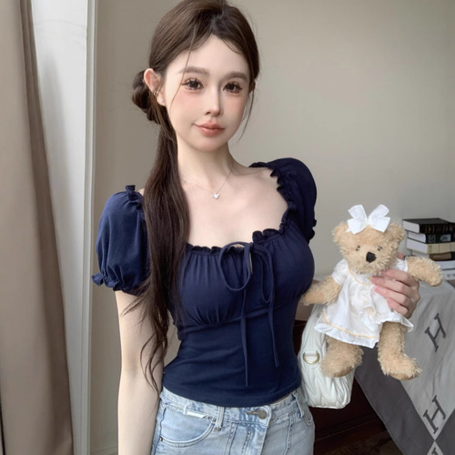 French sexy spicy girl style bubble sleeve short sleeve T-shirt women summer pure desire revealing collarbone slimming short top women's T fashion