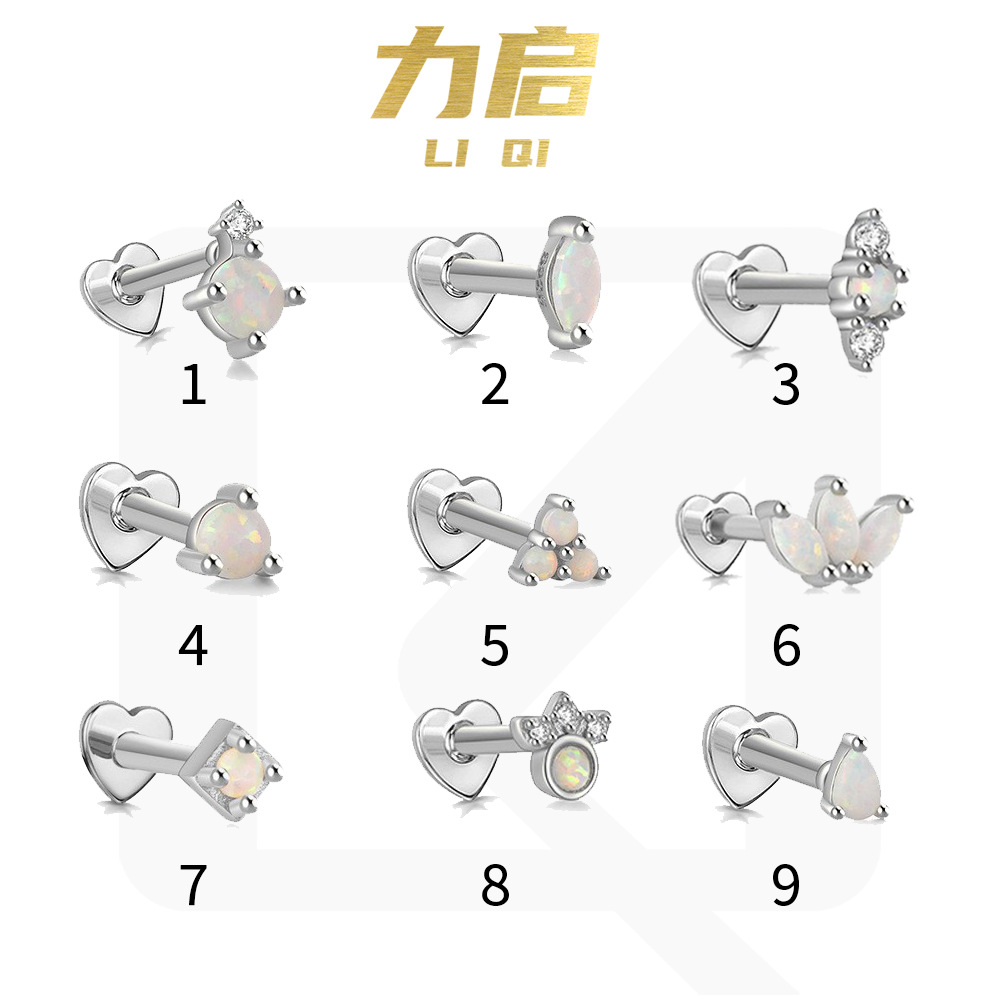 S925 plata esterlina ópalo diamante incrustado en forma de corazón hilo piercing oído hueso Stud Europea y Americana Venta caliente de alta calidad pendientes