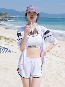 韓国風 清純可愛い学生水着女性 4点セット スポーツベストコート付 ビーチリゾート用 