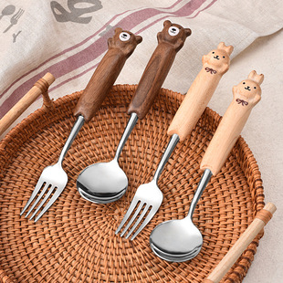 Creative walnut spoon fork cute cartoon bear cat children's tableware 304 stainless steel spoon fork suit