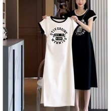 欧货夏连衣裙女冰丝薄字母印花开叉长裙设计感短袖修身显瘦居家裙