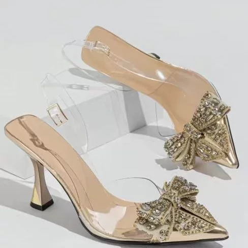 2025 Cross-Border Hot-Selling Summer Fashion Pointed-Toe Sandals for Women, Transparent and Elegant, Versatile with Thin Heels, Rhinestone Back Strap