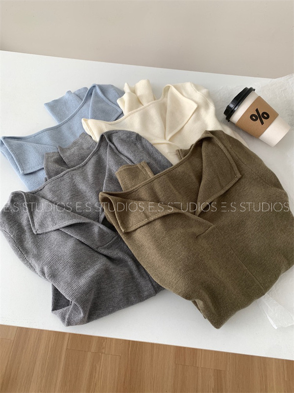Pure Desire ラペルシルクウールセーター、フェミニンでスリムなVネックボトリングシャツ、秋|undefined