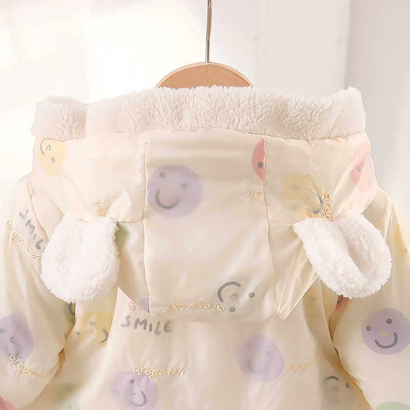 Invierno recién nacido 0-1 ropa de salida con capucha para bebés ropa de algodón modelos de otoño e invierno para bebés más mamelés de felpa con cara sonriente gruesa