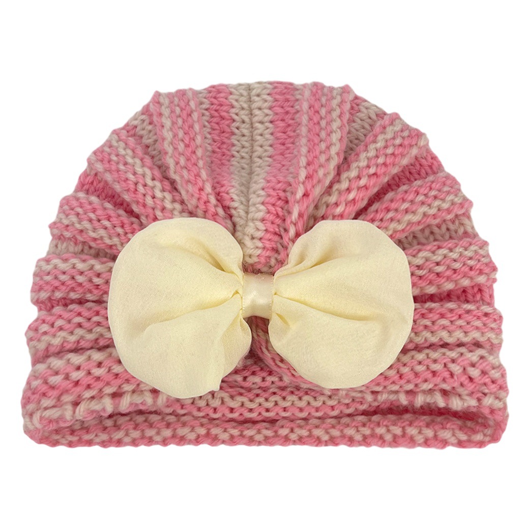 European and American New Style Baby Striped Knitted Hat, Children's Solid Color Bow Hat, Baby Autumn and Winter Warm Woolen Hat