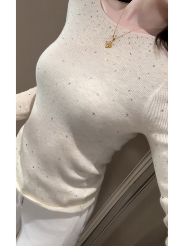 重工烫钻高级感白色针织衫女春秋法式气质修身长袖内搭打底衫上衣|undefined