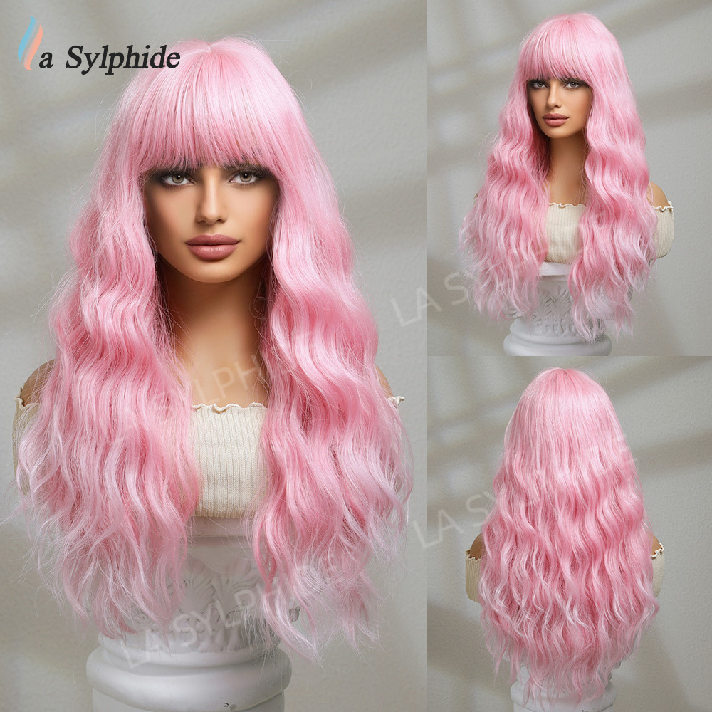 Temu cross-border Long curly hair wig women's bangs pink white gold rose net full head cover Long wig