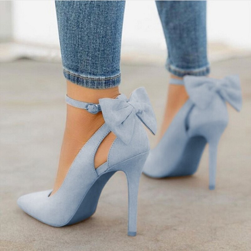 Cross-Border New Style Sweet Bow Pointed Toe Shallow Single Shoes Thin High Heels Wish Shoes 40-43 Large Size Shoes