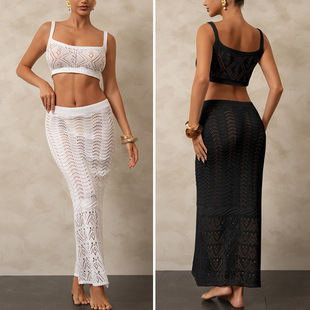 Cross-border Amazon Vacation Hollow Long Dress Sexy Bikini Fashion Sun Protection Two-piece Beach Blouse suit