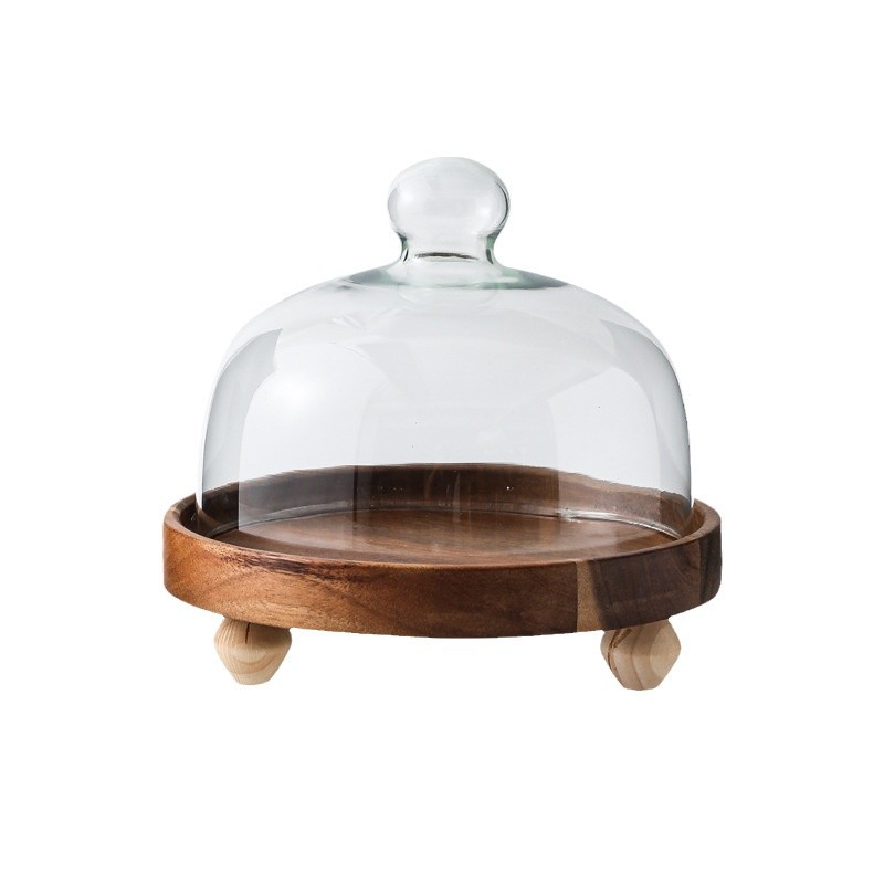 Pastel alto de madera de acacia, postre, tazón de fruta, plato de pan, plato de exhibición de restaurante de hotel, cubierta de vidrio a prueba de polvo
