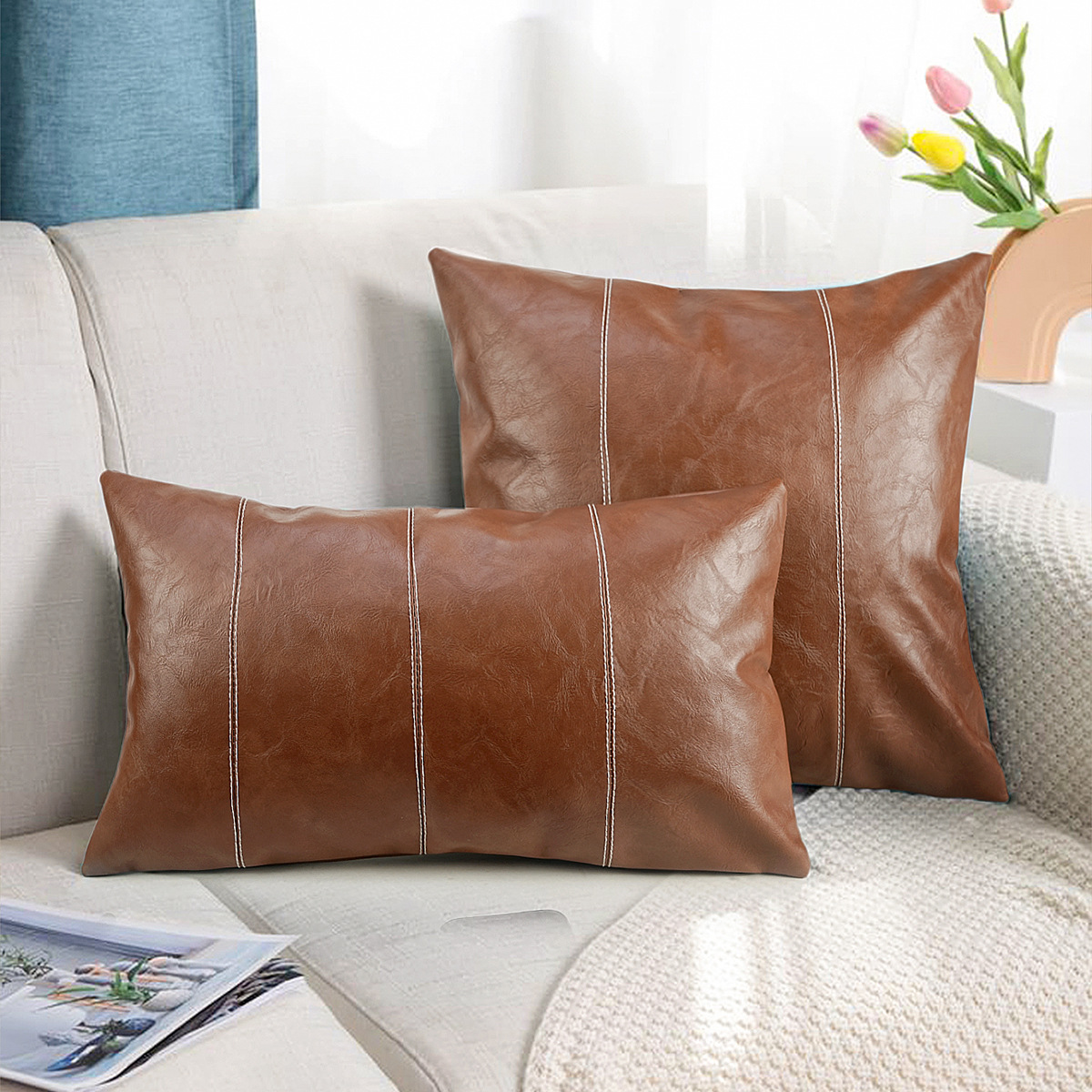 American Minimalist Pillowcase Stitching PU Leather Stitching Pillow Cover