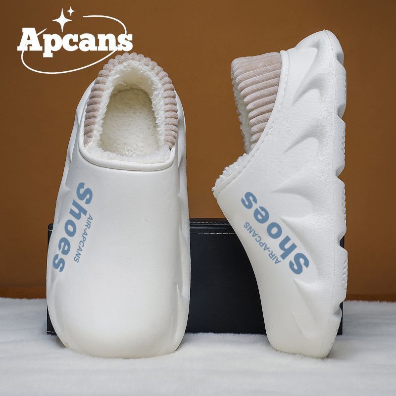 Apcans防水棉拖鞋男冬季加绒保暖防滑包跟棉鞋外穿厚底冬天居家鞋|undefined