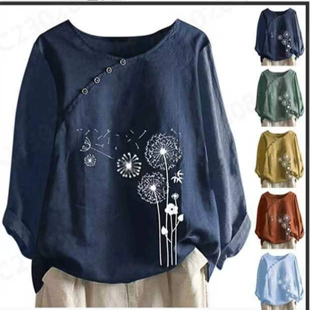 Осень 2023 Новая свободная футболка с длинными рукавами и принтом, Женский Топ