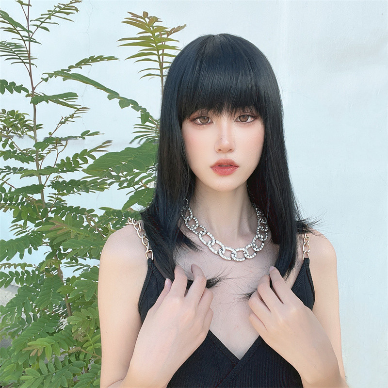 Net red wig women's medium and long hair with neat bangs Korean-style black hair full head cover shaking voice fast hand live with goods supply