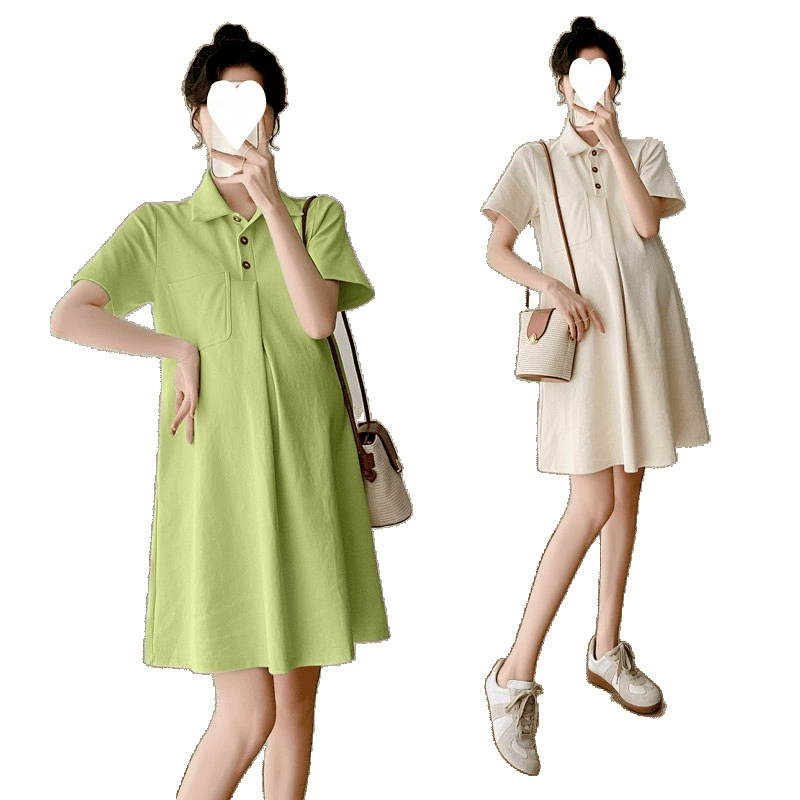 Summer clothing for pregnant, dress, summer skirt, western style, polo collar, with short sleeve, for teenagers, internet celebrity