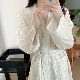 跨境专供外贸女士韩系温柔碎花简约舒适睡袍休闲宽松慵懒家居服女
