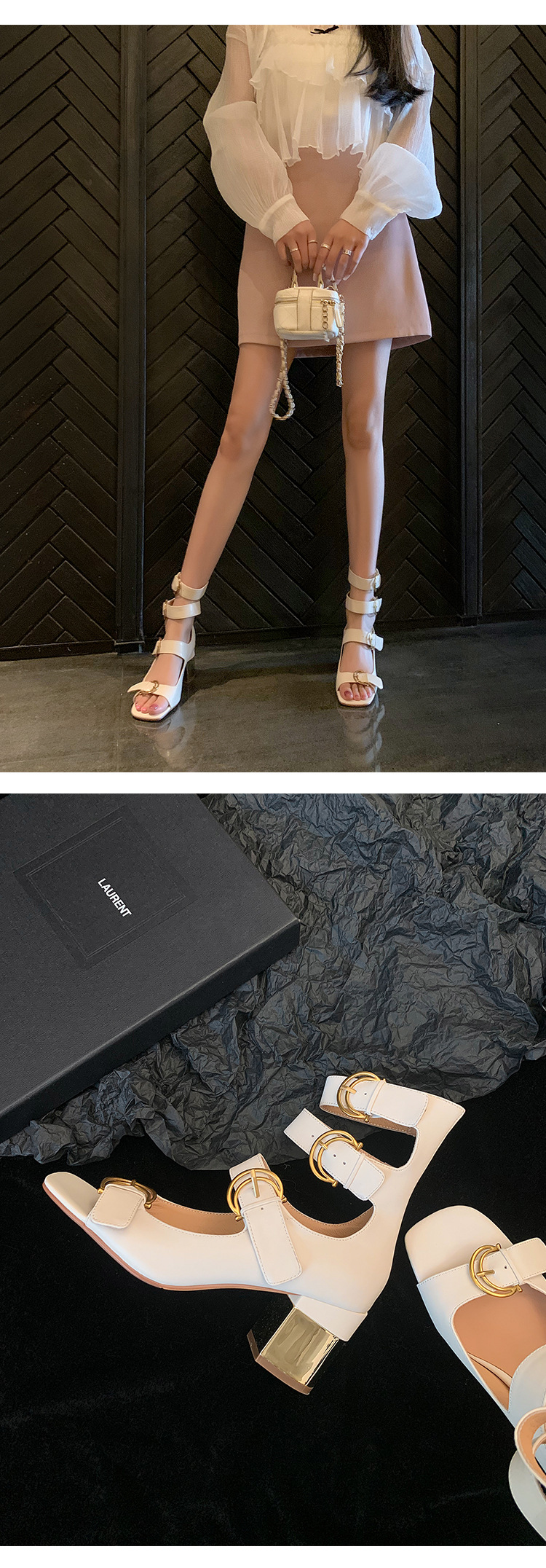Giày sandal cao gót nữ thiết kế khóa thắt lưng, mũi hở, gót vuông 9 cm — Màu đen, Màu trắng be, Màu bạc chi tiết 14