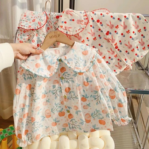 女童娃娃领衬衫2023春秋新款宝宝萌兔印花上衣儿童可爱长袖棉衬衣