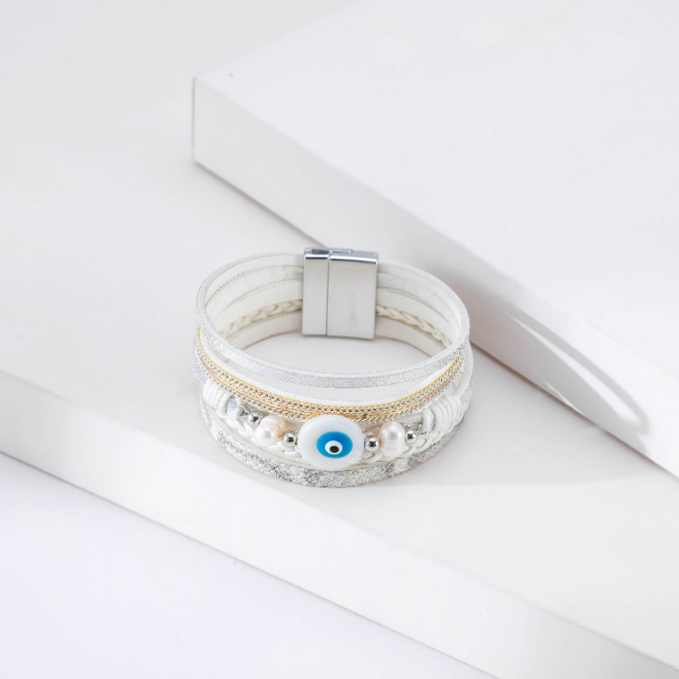 Bohemian multi-layer woven devilu0027s eye pearl leather bracelet