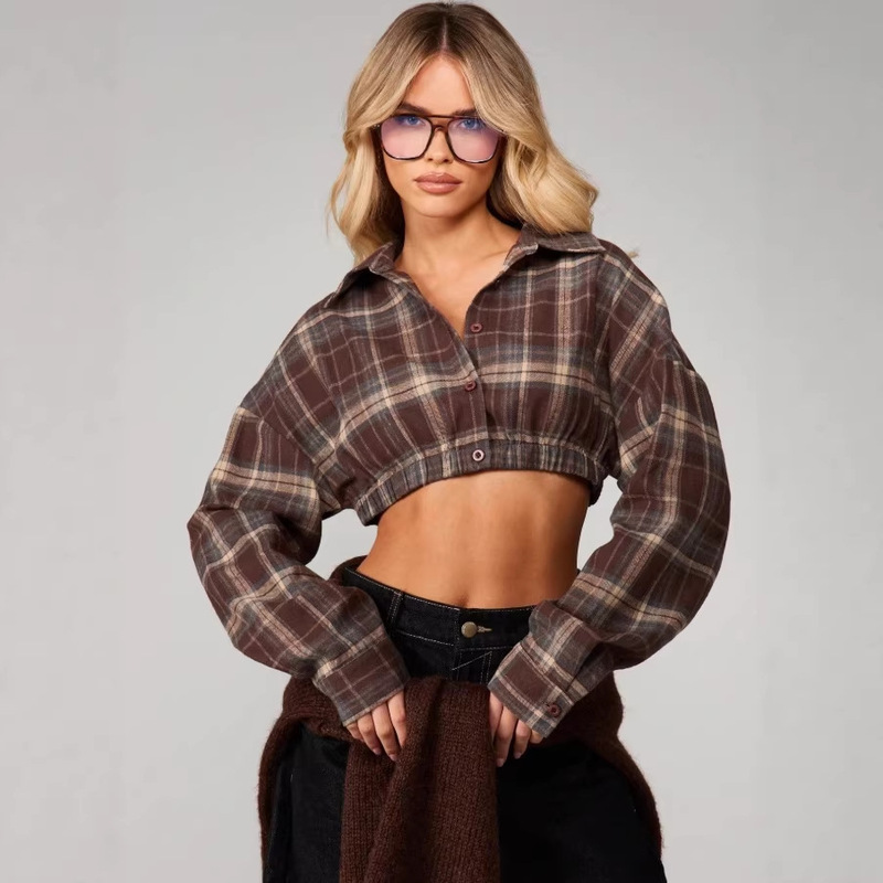2026 European and American Style Plaid Waist-Cinching Button-Up Long-Sleeve Shirt, Fashionable Women's New Design, Casual Versatile High-Waisted 2026 European and American Style Plaid Waist-Cinching Button-Up Long-Sleeve Shirt, Fashionable Women's New Design, Casual Versatile High-Waisted