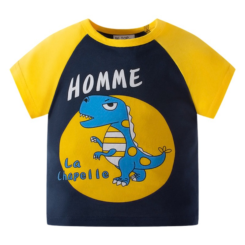 Camiseta de manga corta para niños nueva camiseta de verano de manga de dinosaurio de dibujos animados de estilo coreano superior de algodón de bebé de color a juego entrega de ropa