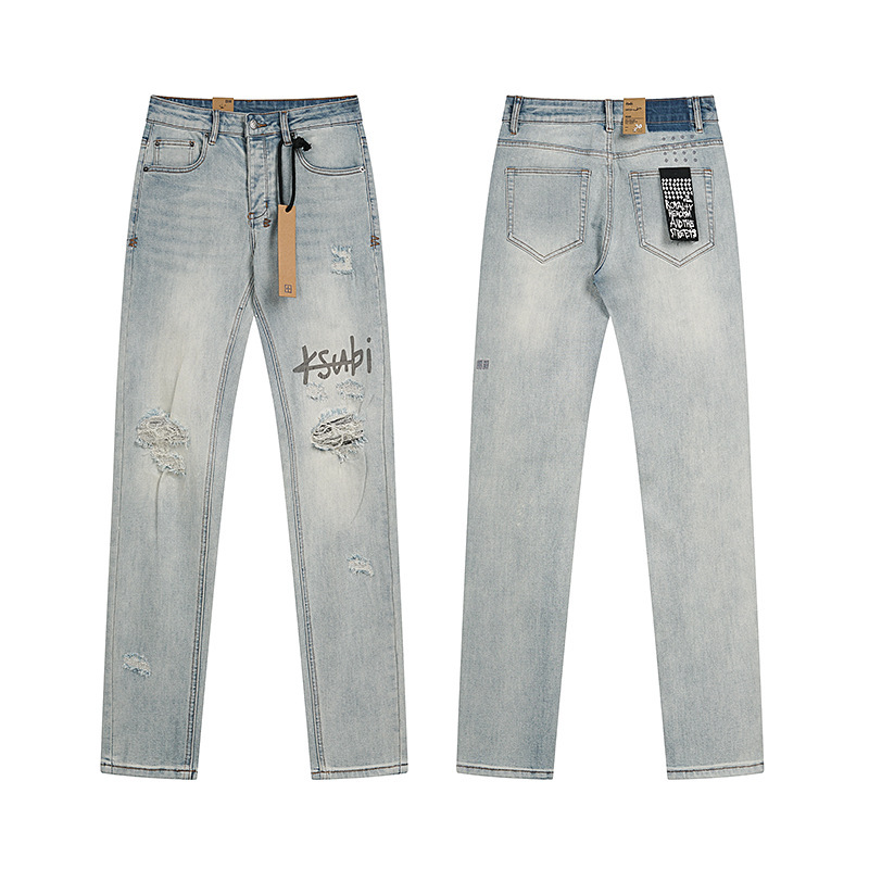 外贸高品质KSUBI &AMIRI Jeans牛仔裤高街破洞补丁弹力直筒长裤男|undefined
