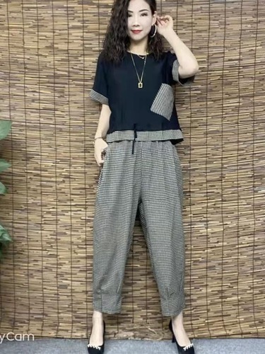 Summer short-sleeved set with pants for plus-size, two-piece set
