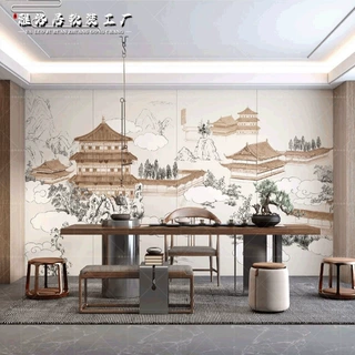 定制新中式独绣墙布刺绣硬包卧室床头软包中式壁画无缝刺绣墙布