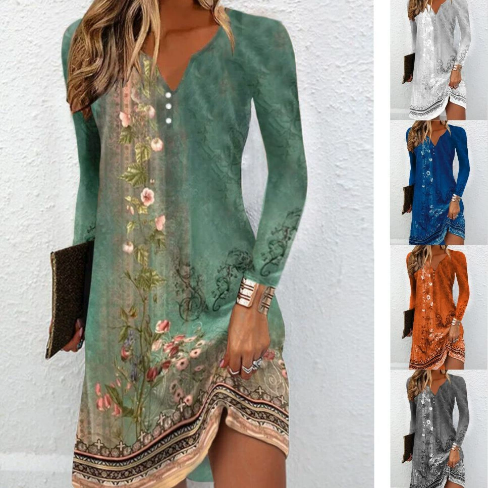 2023 Независимая станция желаю Amazon взрывы осень с длинным рукавом V-образным воротником на пуговицах нерегулярное платье женская одежда