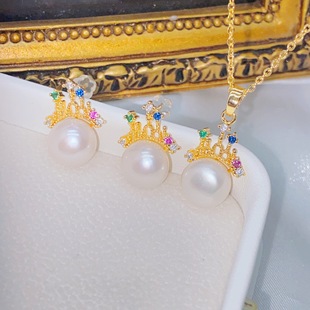 Light Luxury Natural Freshwater Pearl Earrings Necklace Pendant Niche Design Castle Earrings S925 Silver Needle Gold Plated