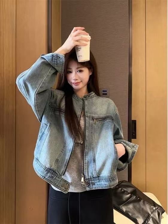 Retro short denim autumn jacket