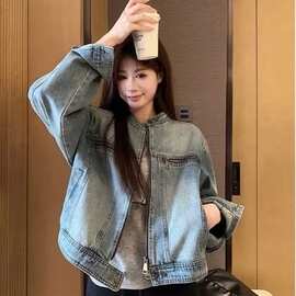 复古立领短款牛仔外套女春秋2025新款小个子百搭盐系机车夹克上衣