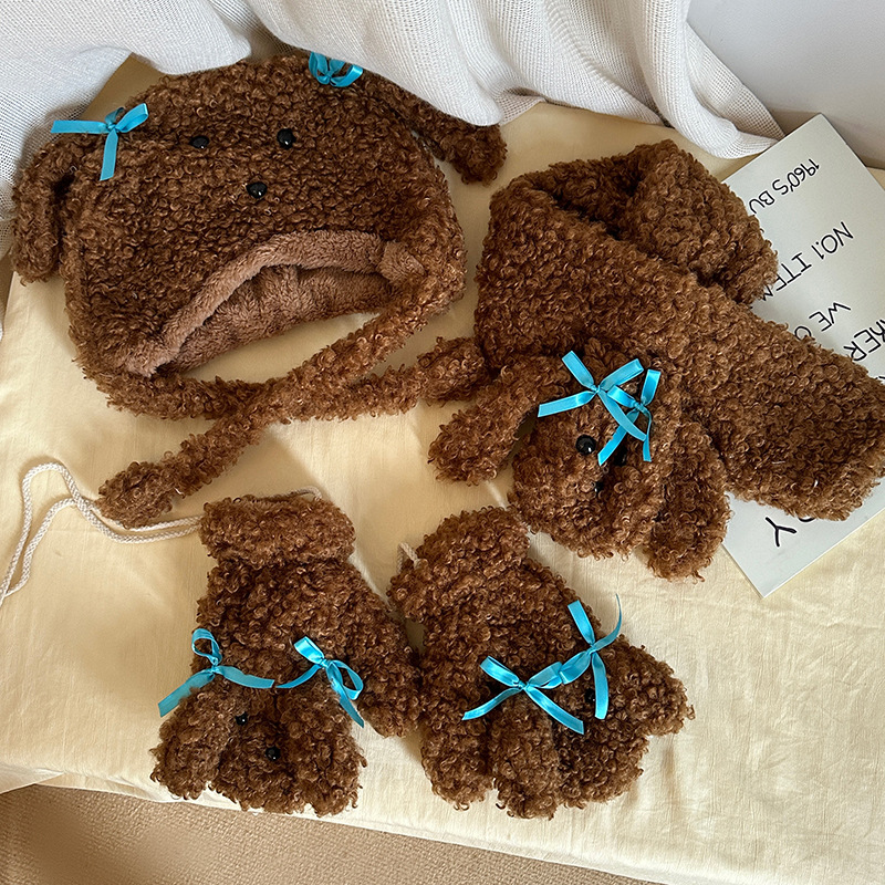 Lazy Holiday~Shop/Teddy Hairy Cartoon Cute Gloves Hat Scarf 3-Piece Set for Autumn and Winter Warmth_voghion.com