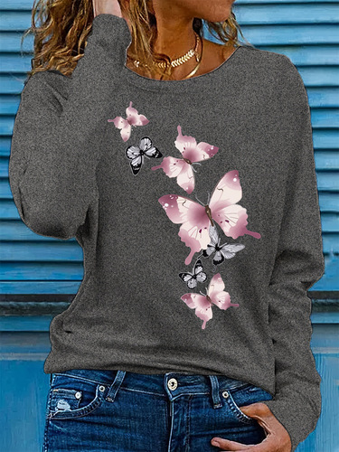 Spring and autumn women's 100% cotton fashionable casual loose butterfly pattern print round collar long-sleeved T-shirt basic lining