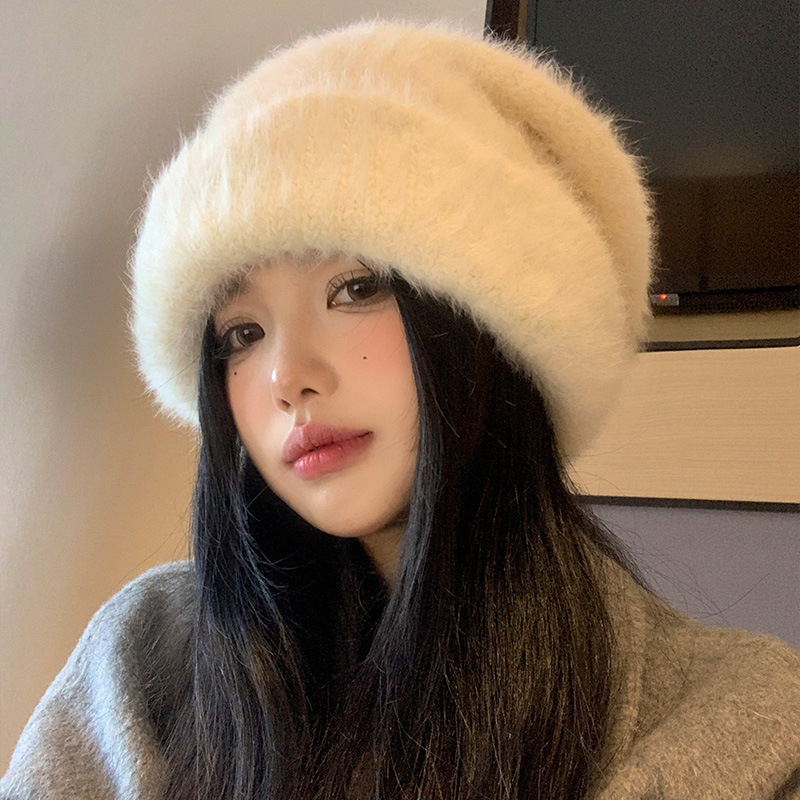 大头围加绒加厚兔毛毛线帽秋冬季甜美百搭帽子女显脸小护耳堆堆帽|undefined