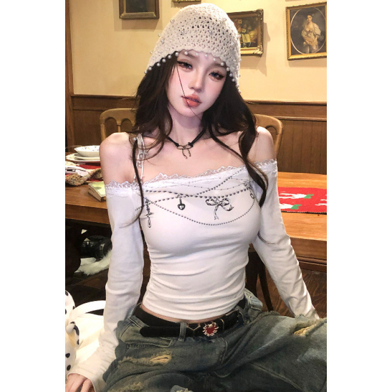 Off-Shoulder Black Printed Long-Sleeve Shirt for Women, Spring Lace Splicing, Slim Fit, Short Crop Top