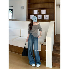 DUOXINIU/多喜牛/DaLin早秋新款阔腿裤女高腰牛仔裤复古设计感潮