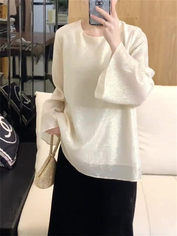 胖MM特大码300斤金丝流光杏色上衣女新中式超仙时髦洋气套头衬衫2|undefined